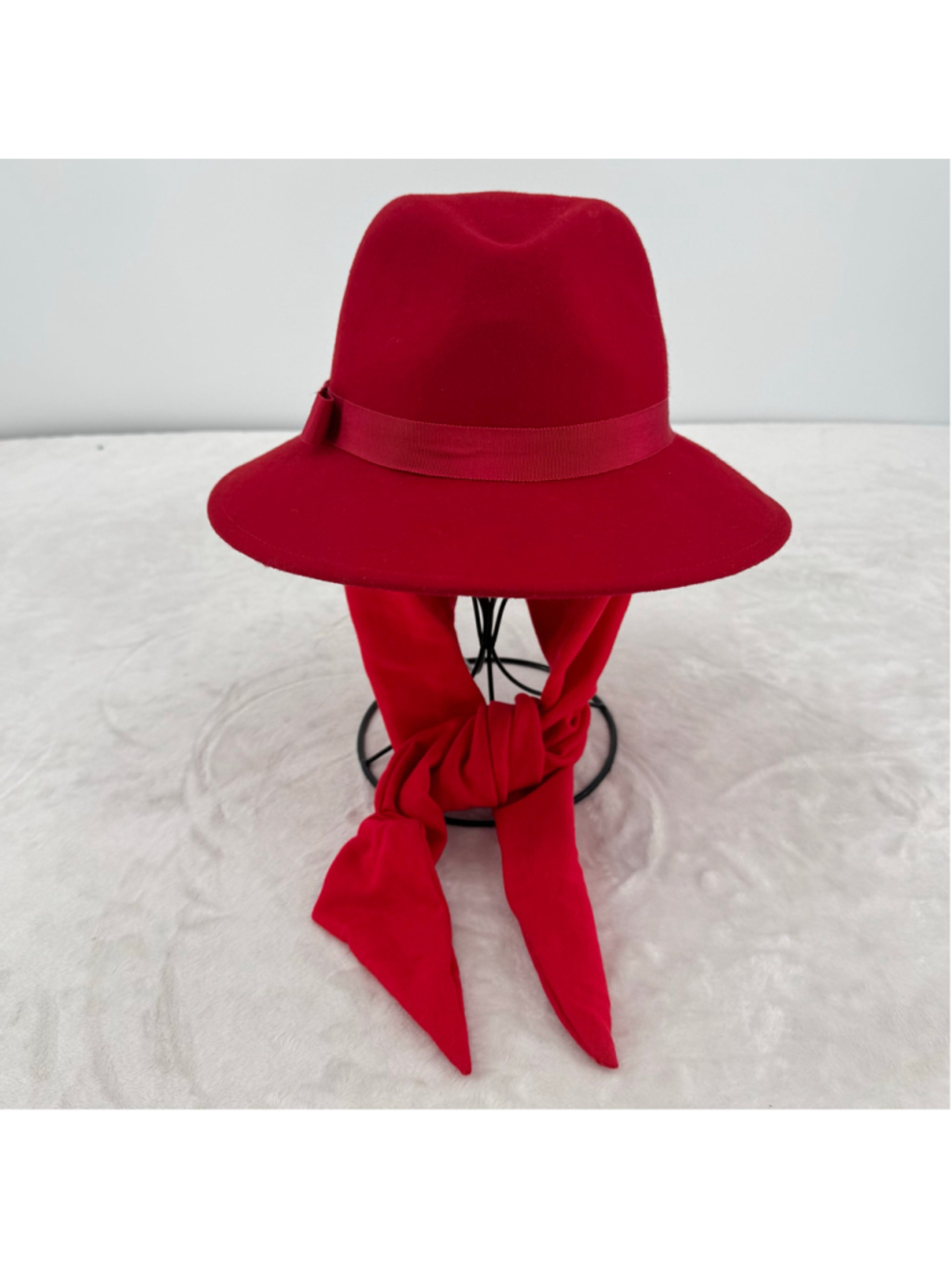 Vintage 70s Sonni Red Felt Bonnet Hat Scarf Tie